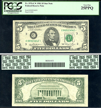 США 5 долларов 1981 C (Филадельфия), замещенная серия, в слабе PCGS 25 PPQ Very Fine Pick 469 a, Fr. 1976  бумага   452-3-47