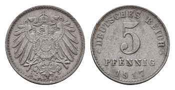 Германия 5 пфеннигов 1917 A, Вильгельм II (1888-1918) KM 19, J. 297 железо плакированная цинком 54-557