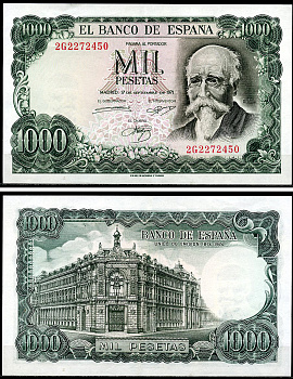 Испания 1000 песет 1974 (1971) Хосе Эчегерай-и-Эйсагирре, 100 лет со дня того, как Banco de España стал единственным банком-эмитентом (1874–1974) Pick 154  бумага   451-1245-1