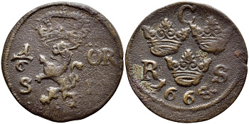 Швеция 1/6 эре 1668 Карл XI (1660-1697) KM 254 медь 4395-1116