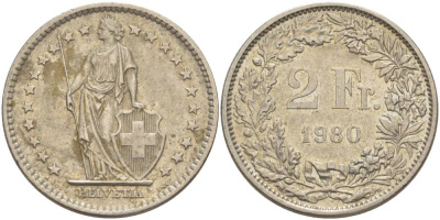 Швейцария 2 франка 1980 KM 21а.1 медно-никель 4542-522