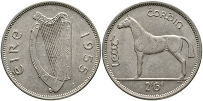 ИРЛАНДИЯ 1/2 КРОНЫ = 2 ШИЛЛИНГА 6 ПЕНСОВ 1955 ЛОШАДЬ KM 16а медно-никель 4531-841