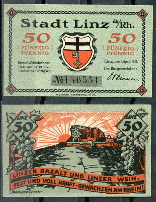 Германия, Линц-на-Рейне 50 пфеннигов 1919 нотгельд, 1.10.1923 Tieste 4140/65 бумага UNC (пресс) 8614-42-2-2