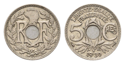 Франция 5 сантимов 1930 KM 875, Le Franc 122.13 медно-никель 4630-234