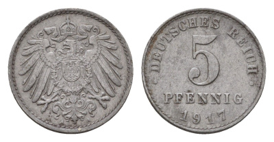 Германия 5 пфеннигов 1917 A, Вильгельм II (1888-1918) KM 19, J. 297 железо плакированная цинком 54-557