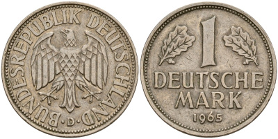 ФРГ 1 марка 1965 D KM 110, J. 385 медно-никель 4159-1053