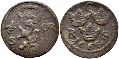 Швеция 1/6 эре 1668 Карл XI (1660-1697) KM 254 медь 4395-1116