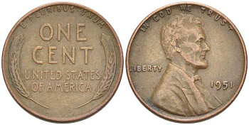США 1 ЦЕНТ 1951 ЛИНКОЛЬН KM А132 медь цинк 3309-561