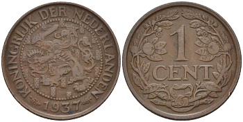 НИДЕРЛАНДЫ 1 ЦЕНТ 1937 ВИЛЬГЕЛЬМИНА (1890-1948) KM 152 бронза 100-1052