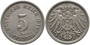 ГЕРМАНИЯ 5 ПФЕННИГОВ 1914 A KM 11, Jager 12, Weege 6 медно-никель 4547-539