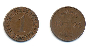 ГЕРМАНИЯ 1 РЕЙХСПФЕННИГ 1929 A KM 37, J. 313 бронза 57-152