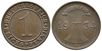ГЕРМАНИЯ 1 РЕЙХСПФЕННИГ 1934 A KM 37, J. 313 бронза 4380-1256