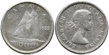 Канада 10 центов 1955 Елизавета II (1952-2022), парусник KM 51 серебро     4532-752