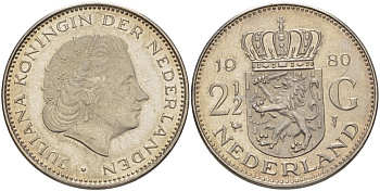 Нидерланды 2 1/2 гульдена 1980 Юлиана (1948-1980) KM 191 никель 38-143