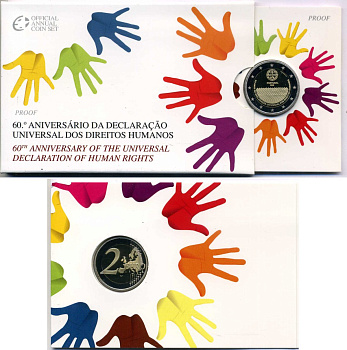 Португалия 2 евро 2008 60 лет Декларации по правам человека, запайка, картонный буклет KM 784 биметалл PROOF 3-4-8-59