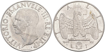 ИТАЛИЯ 1 ЛИРА 1942 R, ГОД XX, ВИКТОР ЭММАНУИЛ III (1900-1946) KM 77b, VEM3. 1102 нержавеющая сталь 3855-444