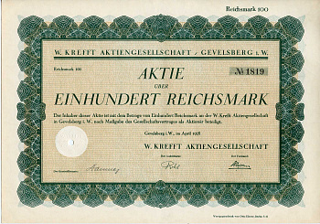 Германия 100 рейхсмарок 1928 Акционерное общество В. Креффта, Гевелсбер, акция   бумага   8803-72-1