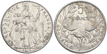 Французская Новая Каледония 5 франков 2010 птица кагу, (IEOM) KM 16, Schoen 12, Lec 81k алюминий 4111-646