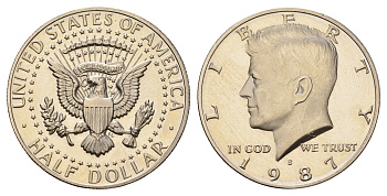 США 1/2 доллара (50 центов) 1987 S, Джон Кеннеди KM A202b медь плакированная медно-никелем PROOF 1522-815