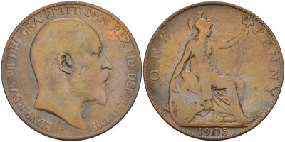 Великобритания 1 пенни 1905 Эдуард VII (1901-1910) KM 794.2, Sp 3990 бронза 115-1042