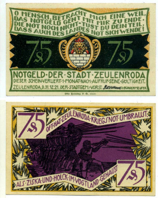 Цойленрода 75 пфеннигов 1921 1 ноября 1921, нотгельд (KRIEGSNOT), земля Тюрингия Grabowski 1470.2 бумага 2196-4-1-1