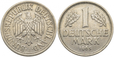 ФРГ 1 МАРКА 1965 J J.385, KM 110 медно-никель 3856-115