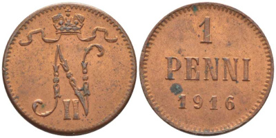 РОССИЯ ДЛЯ ФИНЛЯНДИИ 1 ПЕННИ 1916 НИКОЛАЙ II (1895-1917) KM 13, Биткин 476 медь 116-1222