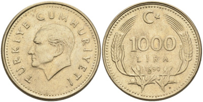 Турция 1000 лир 1990 Кемаль Ататюрк KM 997 медь никель цинк UNC 4561-131