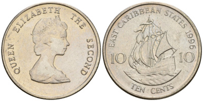 Восточно-Карибские штаты 10 центов 1996 Елизавета II (1952-2022), парусник KM 13 медно-никель UNC 4602-1137