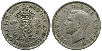 Великобритания 2 шиллинга (флорин) 1947 Георг VI (1936-1952) KM 865, Spink 4102 медно-никель 4381-1046