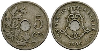 Бельгия 5 сантимов 1906 Belgie, Леопольд II (1865-1909) KM 55 медно-никель 4173-156