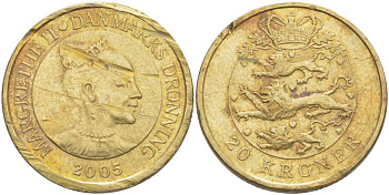 ДАНИЯ 20 КРОН 2005 МАРГАРЕТЕ II (1972-) KM 891 алюминиевая бронза 117-532