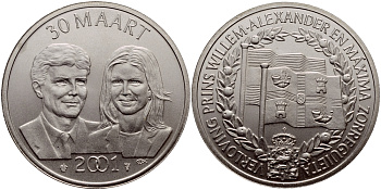 НИДЕРЛАНДЫ МЕДАЛЬ 2001 30 МАРТА 2001 СВАДЬБА ПРИНЦА ВИЛЛЕМА-АЛЕКСАНДРА И МАКСИМЫ, 33 мм, 15,6 гр медно-никель UNC 650-1132
