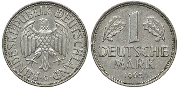 ФРГ 1 МАРКА 1963 G KM 110, J. 385 медно-никель 72-726