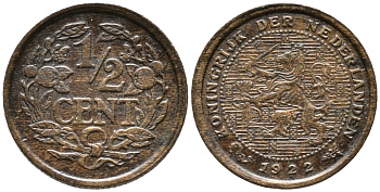 НИДЕРЛАНДЫ 1/2 ЦЕНТА 1922 ВИЛЬГЕЛЬМИНА I (1890-1948) KM 138 бронза 100-557