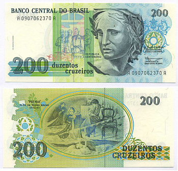 БРАЗИЛИЯ 200 КРУЗЕЙРО 1989 СЕРИЯ 0907 Pick 221 бумага UNC (ПРЕСС) 8595-28-2-2