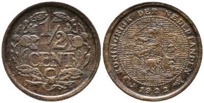 НИДЕРЛАНДЫ 1/2 ЦЕНТА 1922 ВИЛЬГЕЛЬМИНА I (1890-1948) KM 138 бронза 100-557