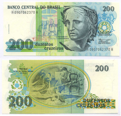 БРАЗИЛИЯ 200 КРУЗЕЙРО 1989 СЕРИЯ 0907 Pick 221 бумага UNC (ПРЕСС) 8595-28-2-2