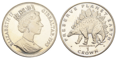 Гибралтар 1 крона 1993 Заповедник планета Земля - Стегозавр (динозавр) KM 151 медно-никель BU 1524-1711