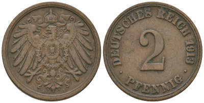 Германия 2 пфеннига 1913 A KM 16, J. 11, Weege медь 4651-1251