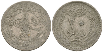 Турция 20 пара 1909 AH 1327, Османская империя, Султан Мехмед V (1909 - 1918) KM 761 никель 4615-332