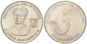 Эквадор 5 сентаво 2000 KM 105 нержавеющая сталь 4401-546