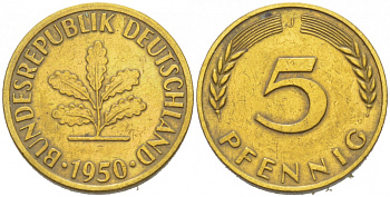 ФРГ 5 ПФЕННИГОВ 1950 J KM 107, J.382 сталь плакированная латунью 3955-657
