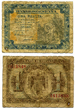 Испания 1 песета 1940 1 июня 1940, второй выпуск Pick 121a бумага 8613-60-3-1