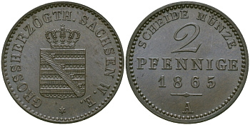 Саксен-Веймар-Эйзенах 2 пфеннига 1865 А, Карл Александр (1853-1901) KM 90, Jaeger 534, AKS 36 медь  UNC  65-553