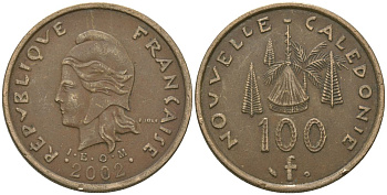 Французская Новая Каледония 100 франков 2002 хижина среди сосен и пальм, (IEOM) KM 15, Schoen 16, Lec 139f никель бронза 109-731