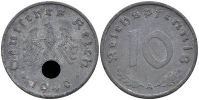 ГЕРМАНИЯ 10 РЕЙХСПФЕННИГОВ 1940 A KM 101, J. 371 цинк 4401-814