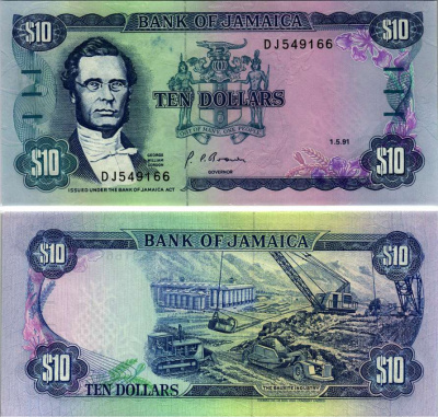 Ямайка 10 долларов 1991 Джордж Вильям Гордон, бокситовая промышленность Pick 71 d бумага UNC (пресс) 6299-43-2-1