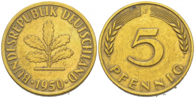 ФРГ 5 ПФЕННИГОВ 1950 J KM 107, J.382 сталь плакированная латунью 3955-657