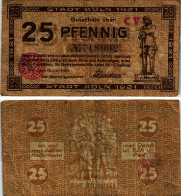 КЁЛЬН 25 ПФЕННИГОВ 1921 13 ИЮЛЯ 1921, НОТГЕЛЬД, ЗЕМЛЯ СЕВЕРНЫЙ РЕЙН-ВЕСТФАЛИЯ, СЕРИЯ CV Keller К30.18b бумага 6318-28-1-2